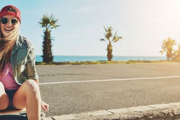Holiday, promenade and woman with skateboard, adventure...