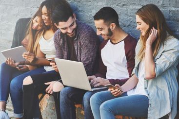 Outdoor, group and friends with technology for social...