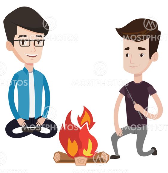 Two friends sitting around bonfire.