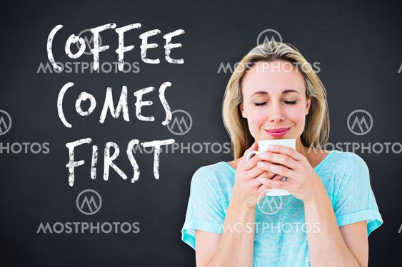 Composite image of cheerful blonde holding mug of hot drinking