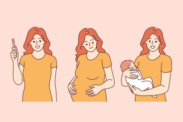 Stages of motherhood and pregnancy in woman holding...