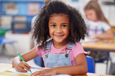 School, child and portrait with coloring in classroom...