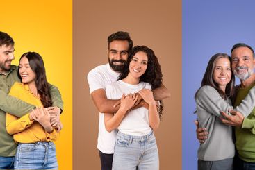 Couples expressing love and joy together in diverse and...