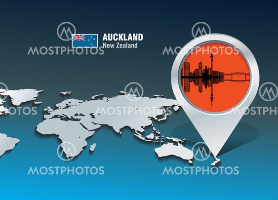 Map pin with Auckland skyline