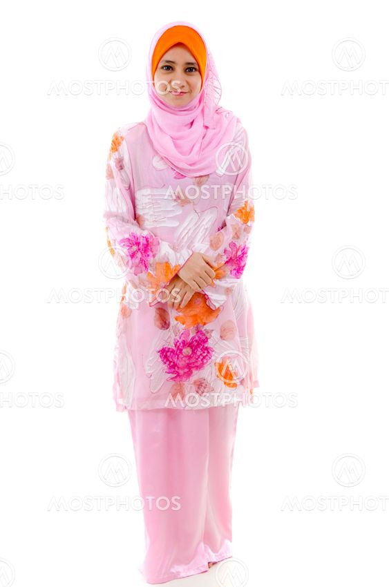 Pretty muslim woman smiling, on white background