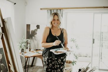 Art, painting and portrait of woman with easel for...