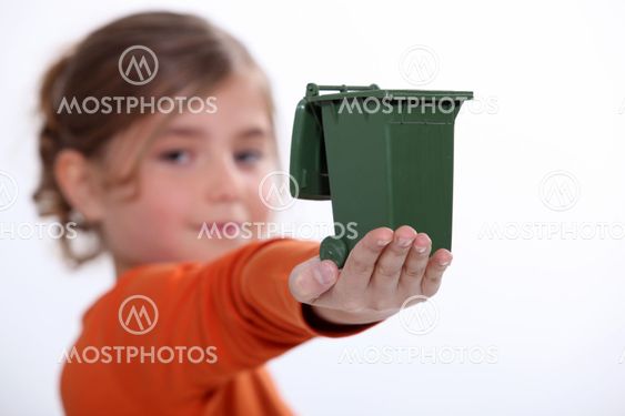 Child holding mini recycling bin