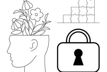 Head with blooming flowers, a lock with keyhole, and...