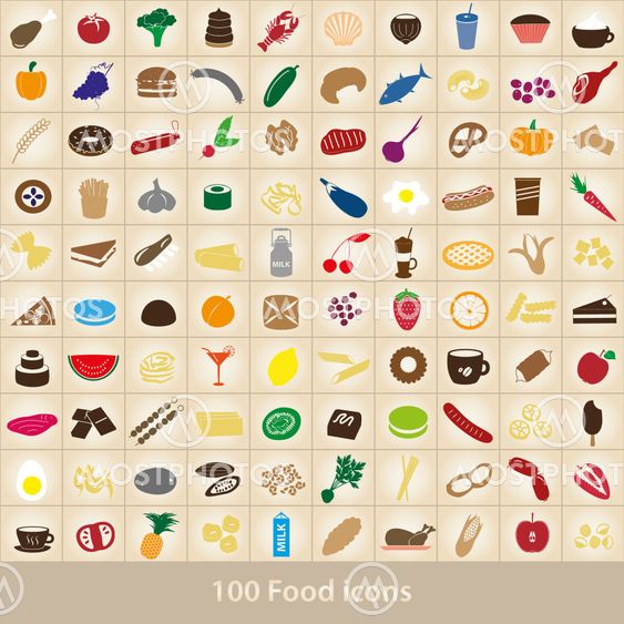 100 various food and drink color icons set eps10