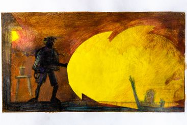 hand-drawn man with guitar on yellow stage of club