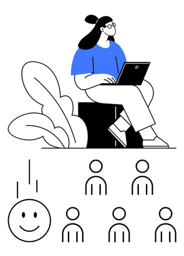 Woman Sitting with Laptop on Box, Leaves Behind, Smiling...