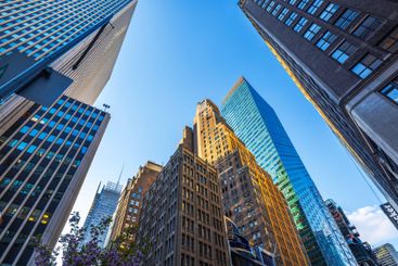 Skyscrapers reflecting sunlight in downtown Manhattan