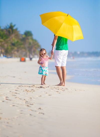 Back view of Young father and his little daughter walking...