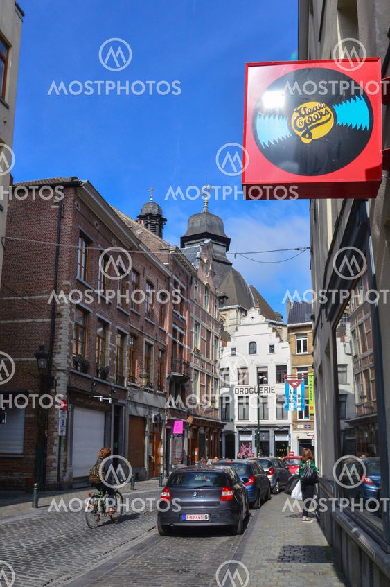 Brussels, Belgium - April 2015: Preserved old European-style residential and commercial buildings on streets of Brussels City, Belgium