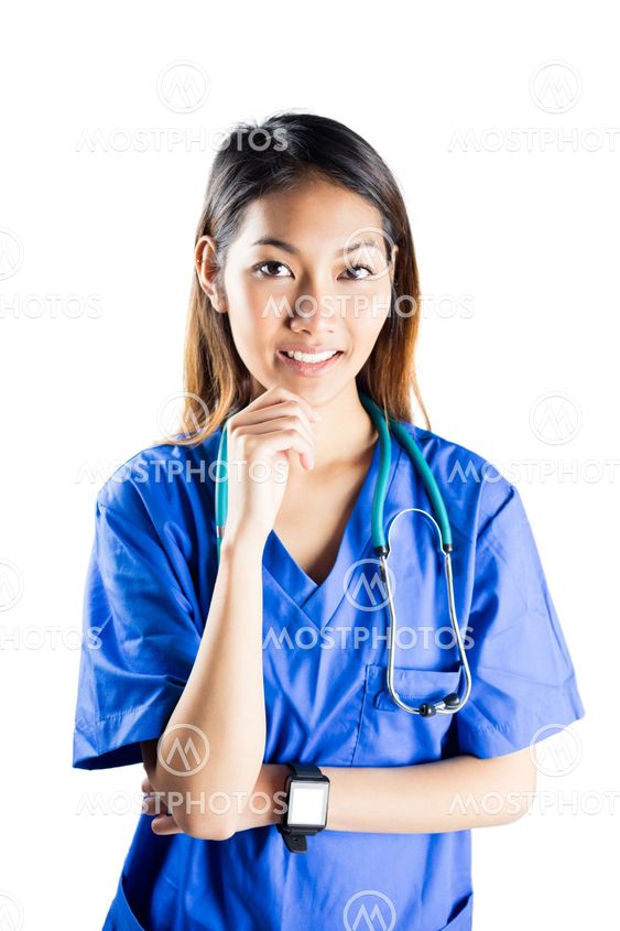 Asian nurse thinking with hand on chin