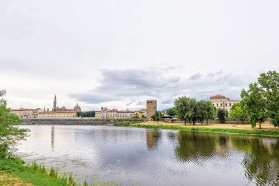 Daylight cloudy day view to Arno river with reflections