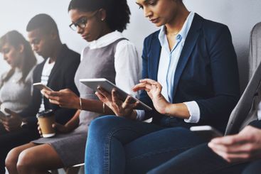 Waiting room, online and people with tablet, recruitment...