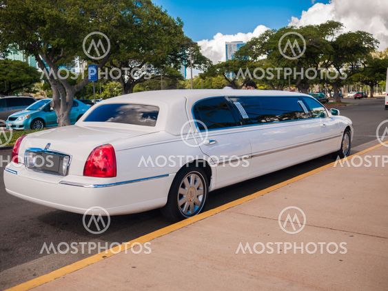HONOLULU, HAWAII - FEB 2: White stretch limousine sevice for wedding couple