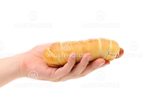 Hand holds hot dog baked.