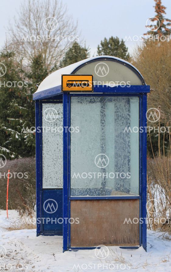 Local Bus Stop Shelter in Winter Frost