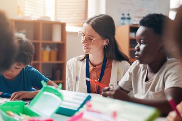 Education, learning or writing with students and teacher...