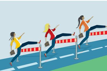 Group of women jumping over obstacle.