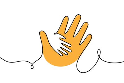 Child hand in parent hand one line illustration