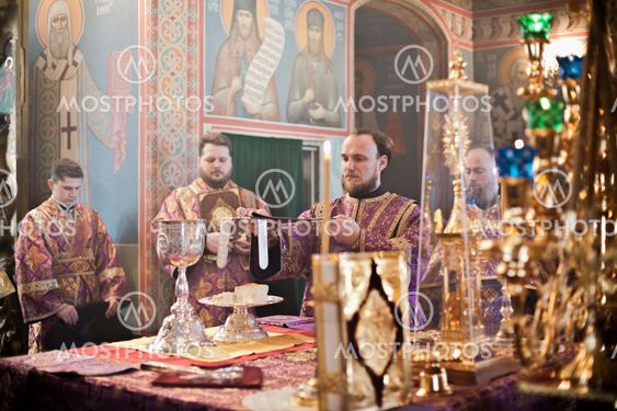 MOSCOW - MARCH 14: Orthodox liturgy with bishop Mercury in High Monastery of St Peter in Moscow on March 14, 2010 in Moscow