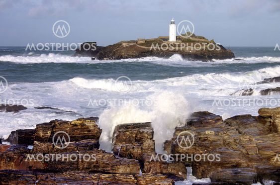 Godrevy lighthouse on a stormy winter day.