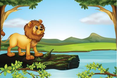 A lion above a trunk with algae