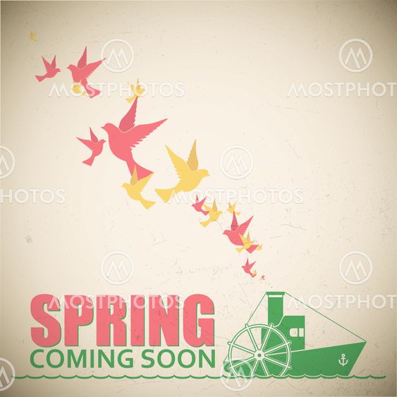 Abstract vector illustration of steamship and birds.