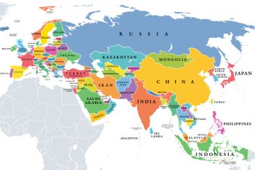 Eurasia, Europe and Asia, multi colored political map
