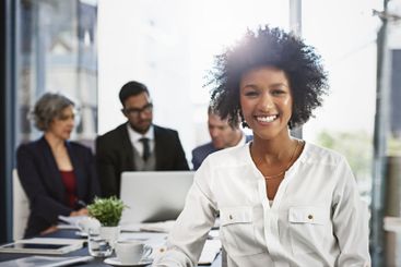 Office, happy and businesswoman in portrait for meeting,...