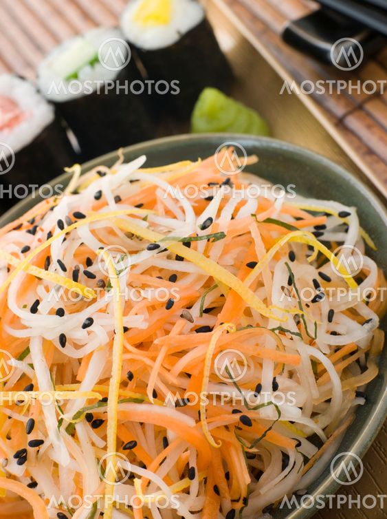 Daikon and Carrot Salad with Sesame Sushi and Wasabi