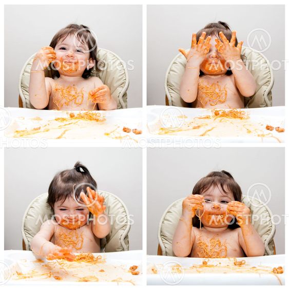 Happy baby funny messy eater