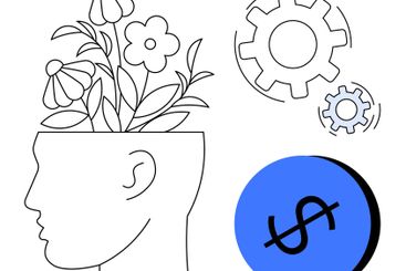 Human head with blooming flowers, cogs, and dollar sign...