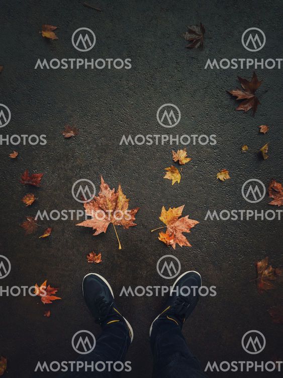 Autumn season lifestyle. High angle view of man feet on...