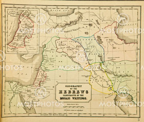 Geography of the Hebrews illustrative of the Mosaic writtings. Ancient map of the world . Published by George Philip and son at London 1857 and are not subject to copyright.
