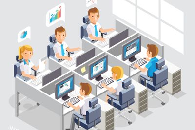 Work Space Isometric Flat Style. Business People Working...