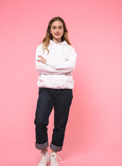 Full length image of Smiling woman wearing in casual...