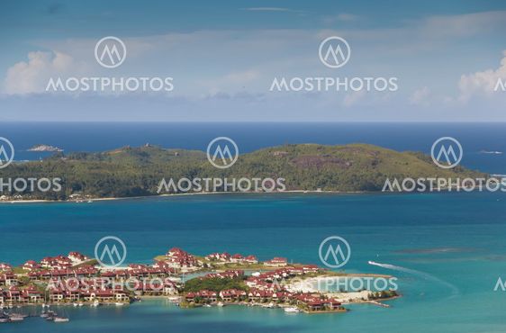 Aerial view on the coastline of the Seychelles Islands...