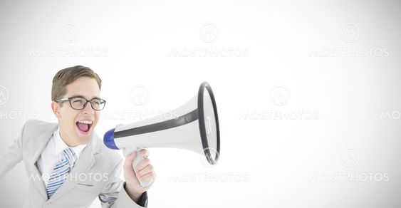 Composite image of geeky businessman shouting through...
