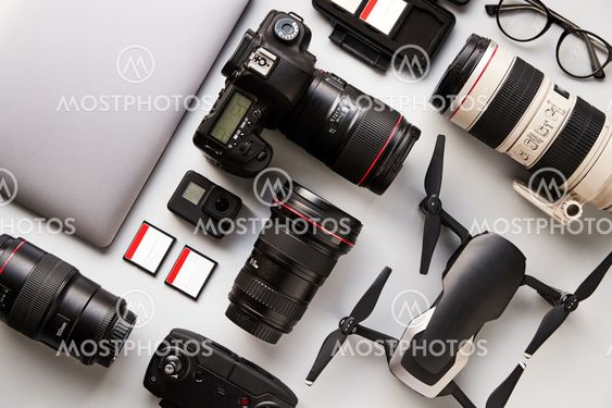 Flat Lay Shot Of Techno Items For Traveller With...