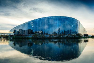 European Parliament building in Strasbourg at dusk 