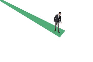 Line graph, man and jump of stock market, business and...