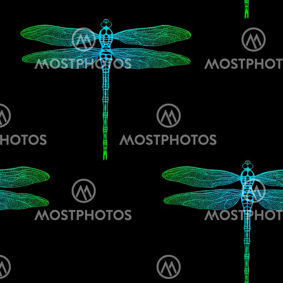 seamless pattern from gradient dragonfly on black...