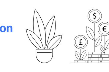 Growth Concept with Plant, Currency Symbols, and Laptop...