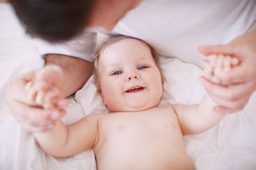 Home, father and baby with smile in portrait, bonding...