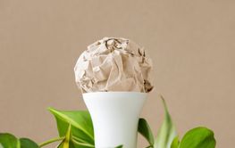 Creative lightbulb with green leaves on beige background.