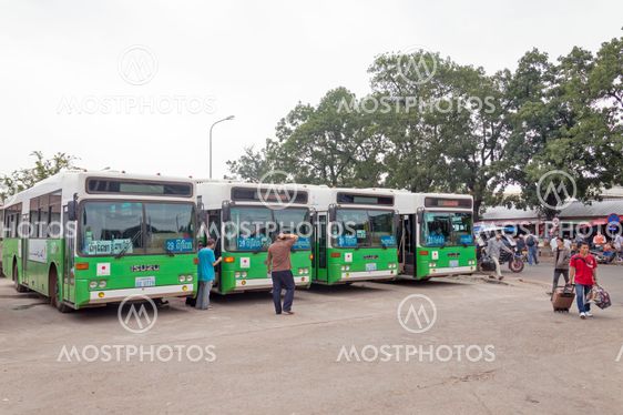 Vientiane, Laos - October 2015: Green city buses donated by Japanese government at Central Bus Station located next to the Morning Market or Talat Sao bus terminal in Vientiane, Lao PDR.